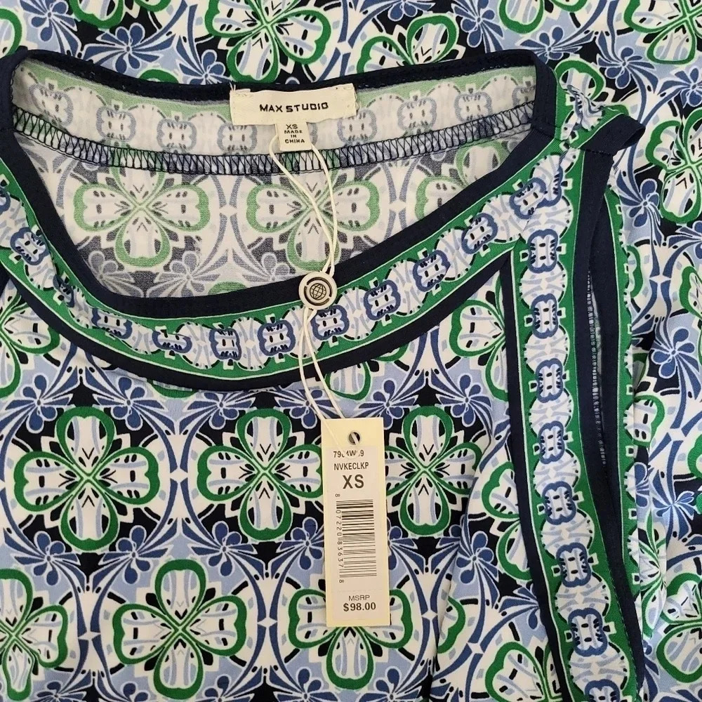 NWT Max Studio Shift Dress Sleveless Stretch-Knit Polyester Navy Blue Green XS - Picture 3 of 10